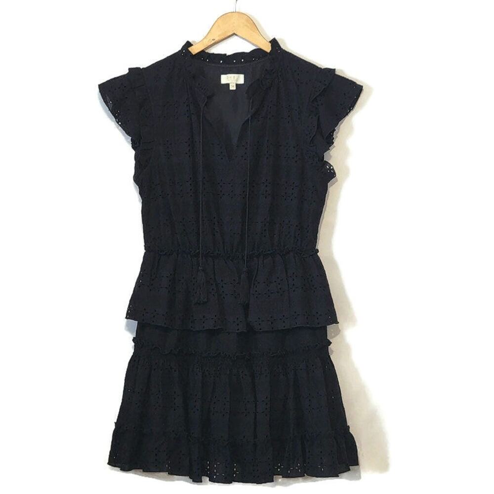 SHOL Los Angeles Eyelet Ruffle Dress Tiered Black Mini Dress Boho Party Size 14